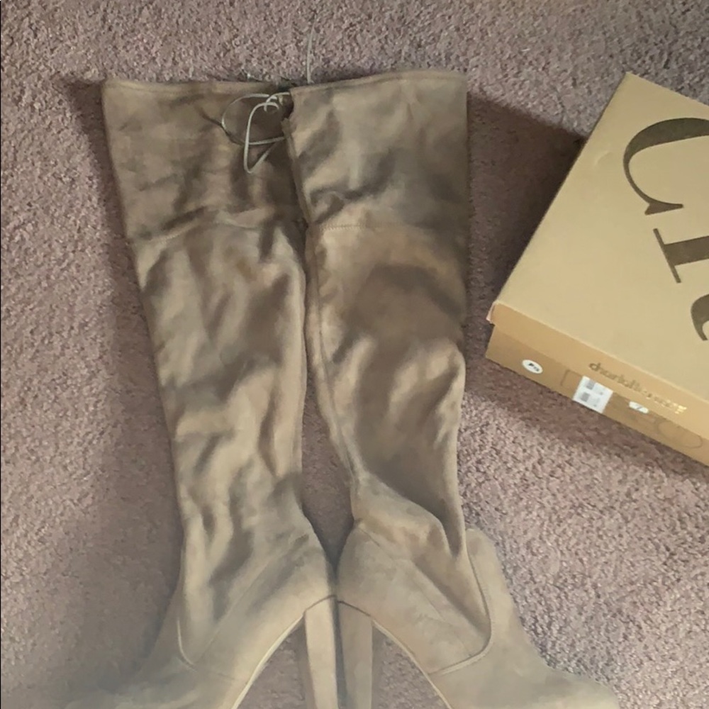 Taupe suede knee thigh high boots